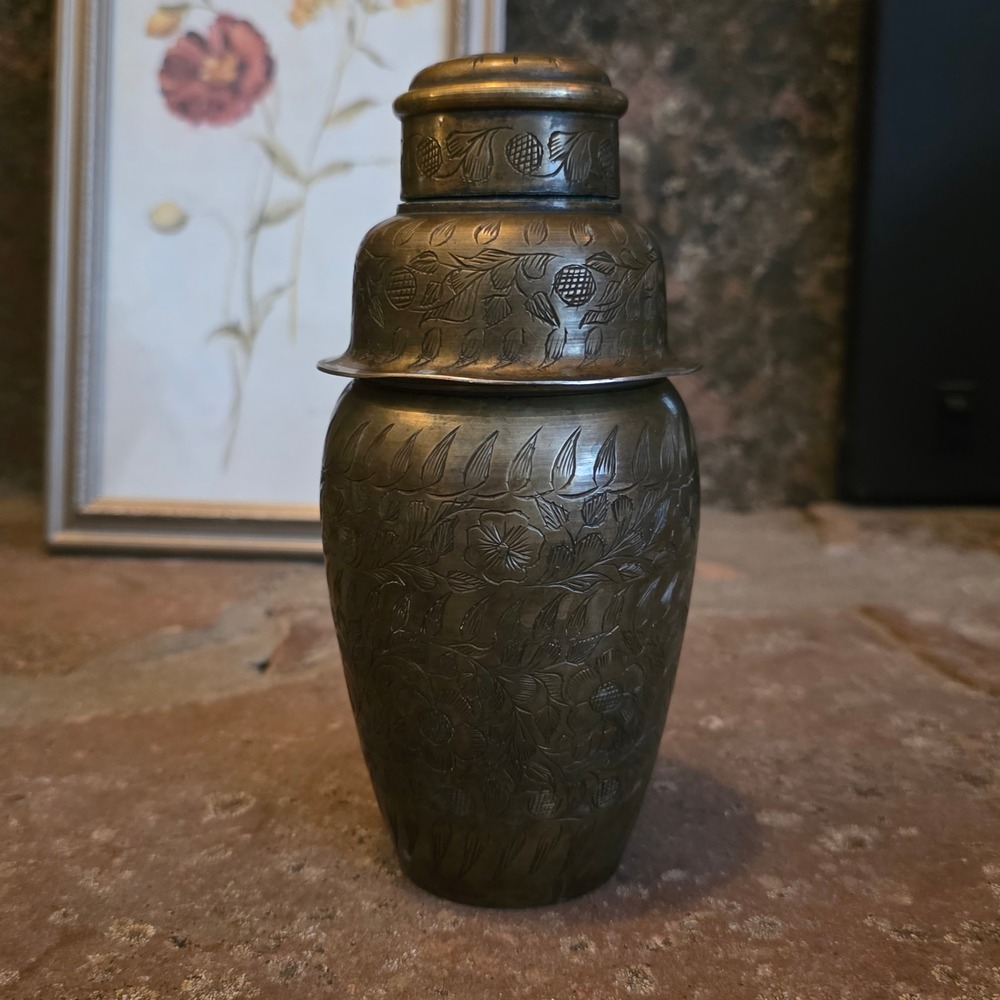 Vintage Etched Brass Martini Shaker Floral Hand Engraved 3 Piece Cobbler Shaker